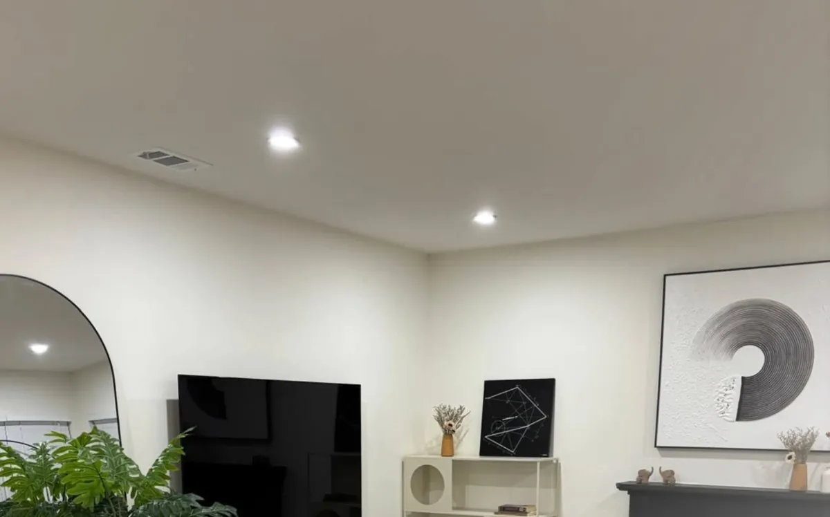 Bright living room with fireplace and plants